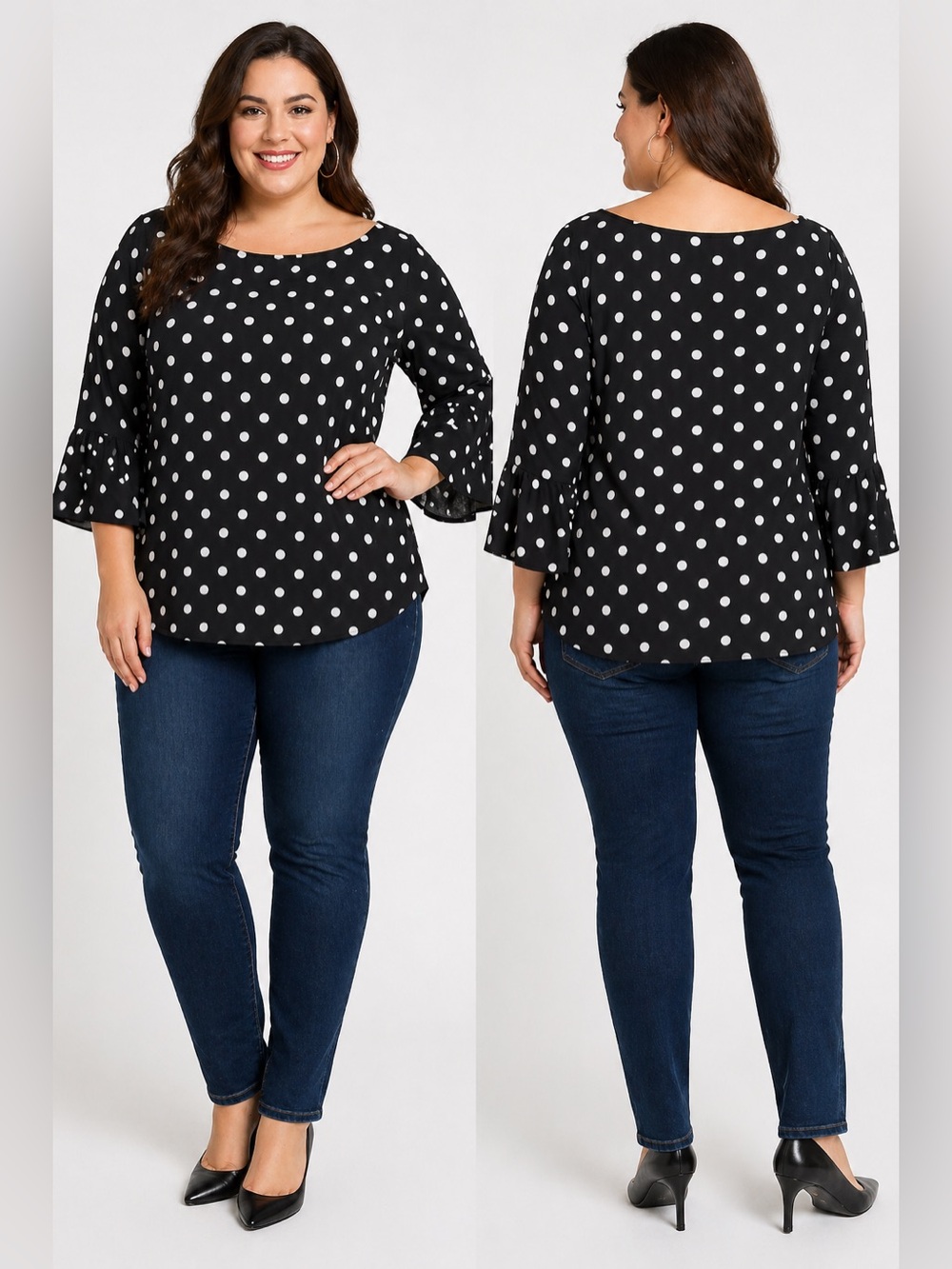 Green Envelope Black White Polka Dot Bell Sleeve Blouse Top Size 2X
